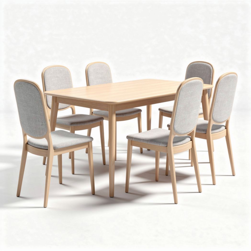Mesa retangular em madeira clara com 6 cadeiras estofadas cinzas 150 x 80 x 75cm