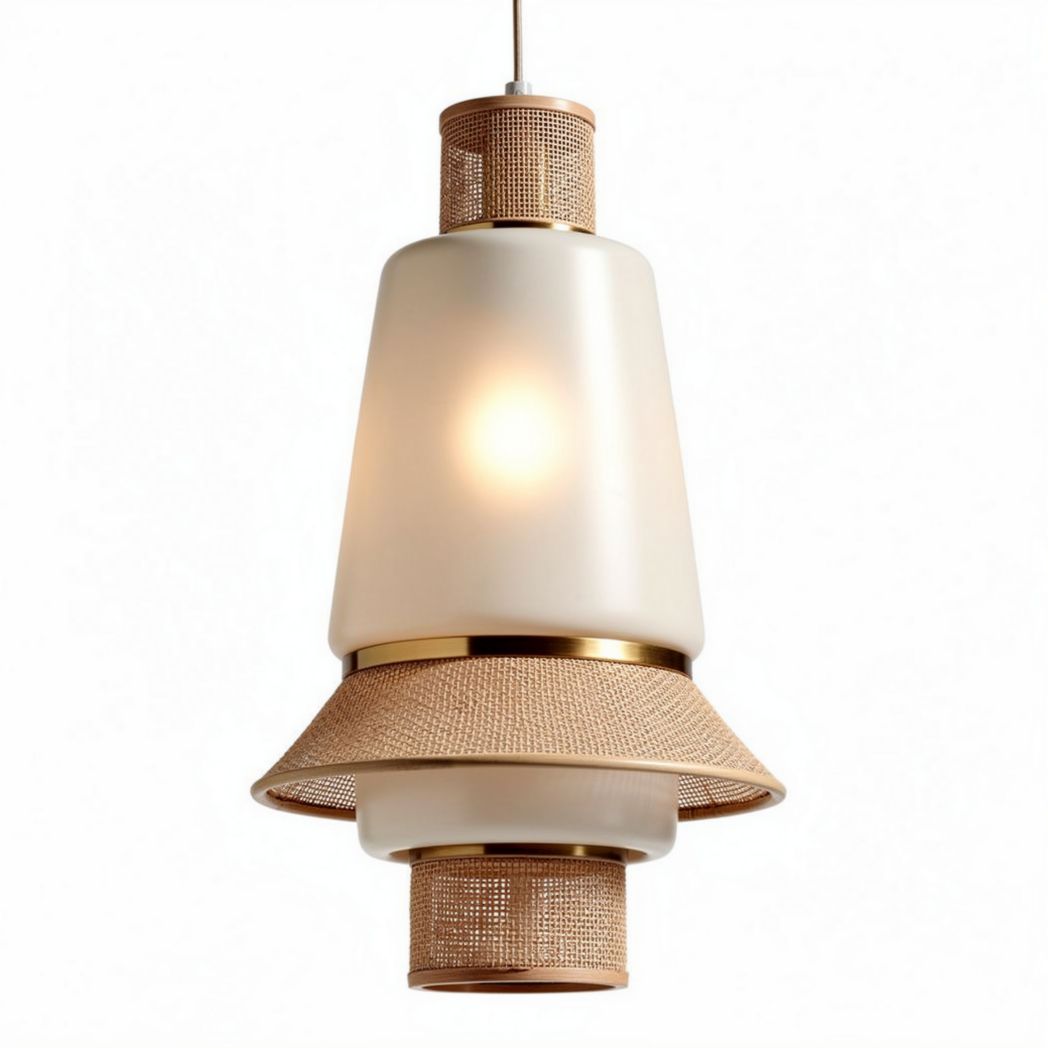 Lustre de design moderno em vidro fosco e detalhes em vime 20 x 20 x 40cm