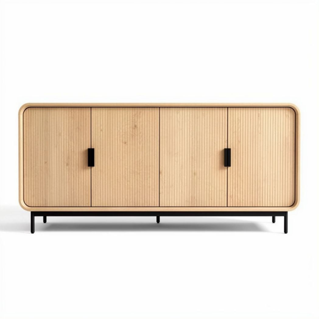 Buffet de madeira com portas ripadas e estrutura metálica 150 x 40 x 70cm