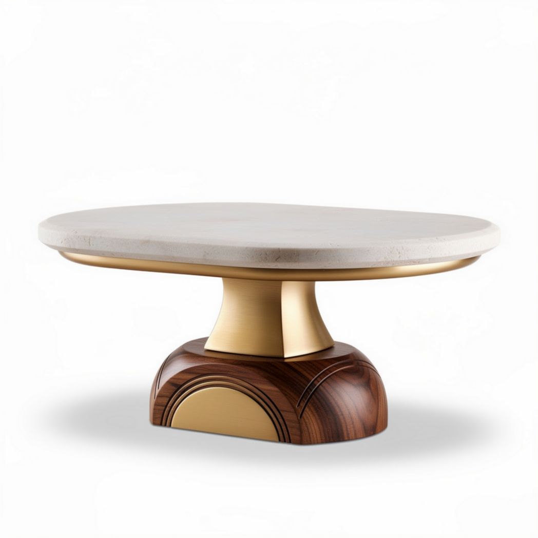 Mesa de centro redonda em madeira e metal com tampo em mármore 80 x 80 x 30cm