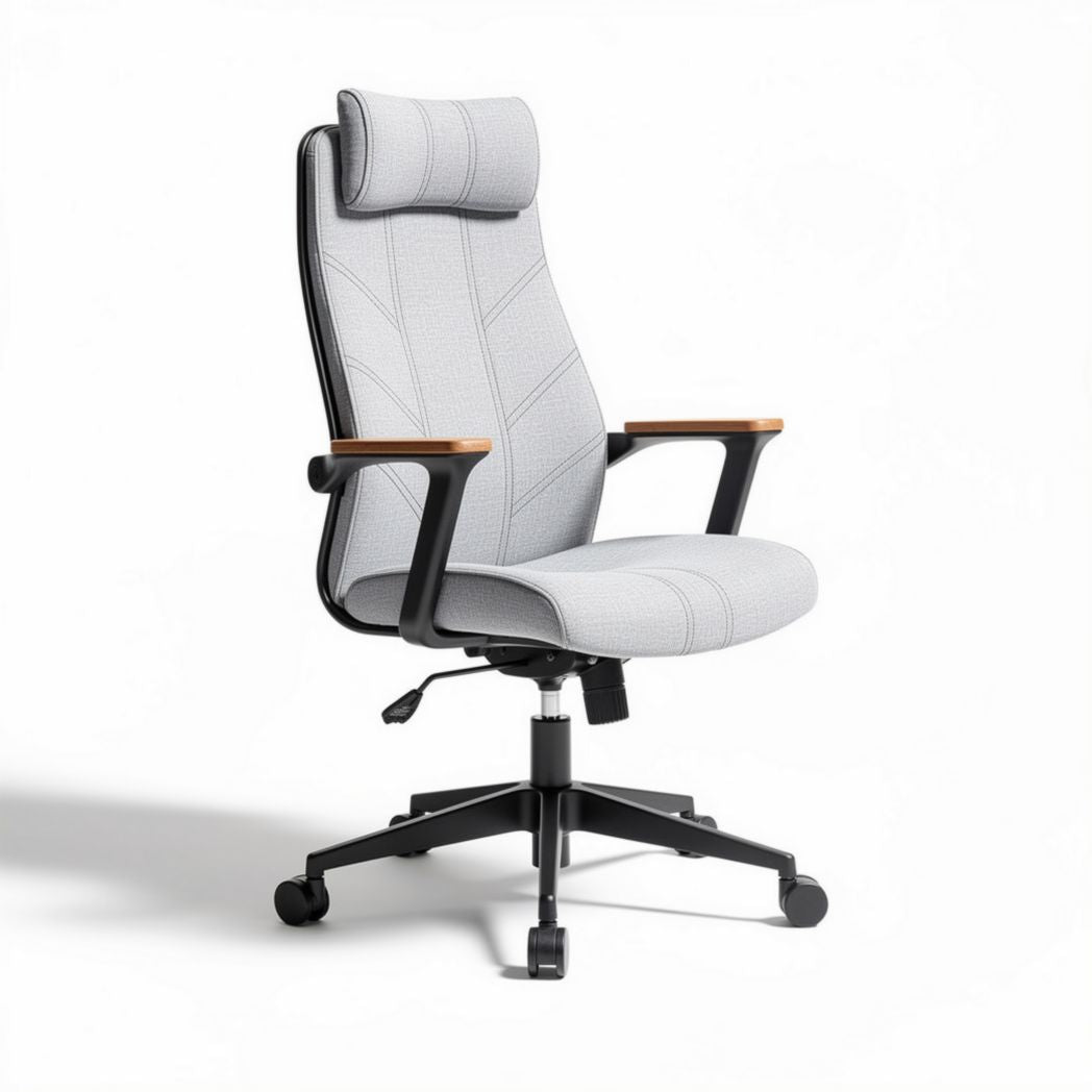 Cadeira de escritório ergonómica cinza com suporte para cabeça e braços móveis